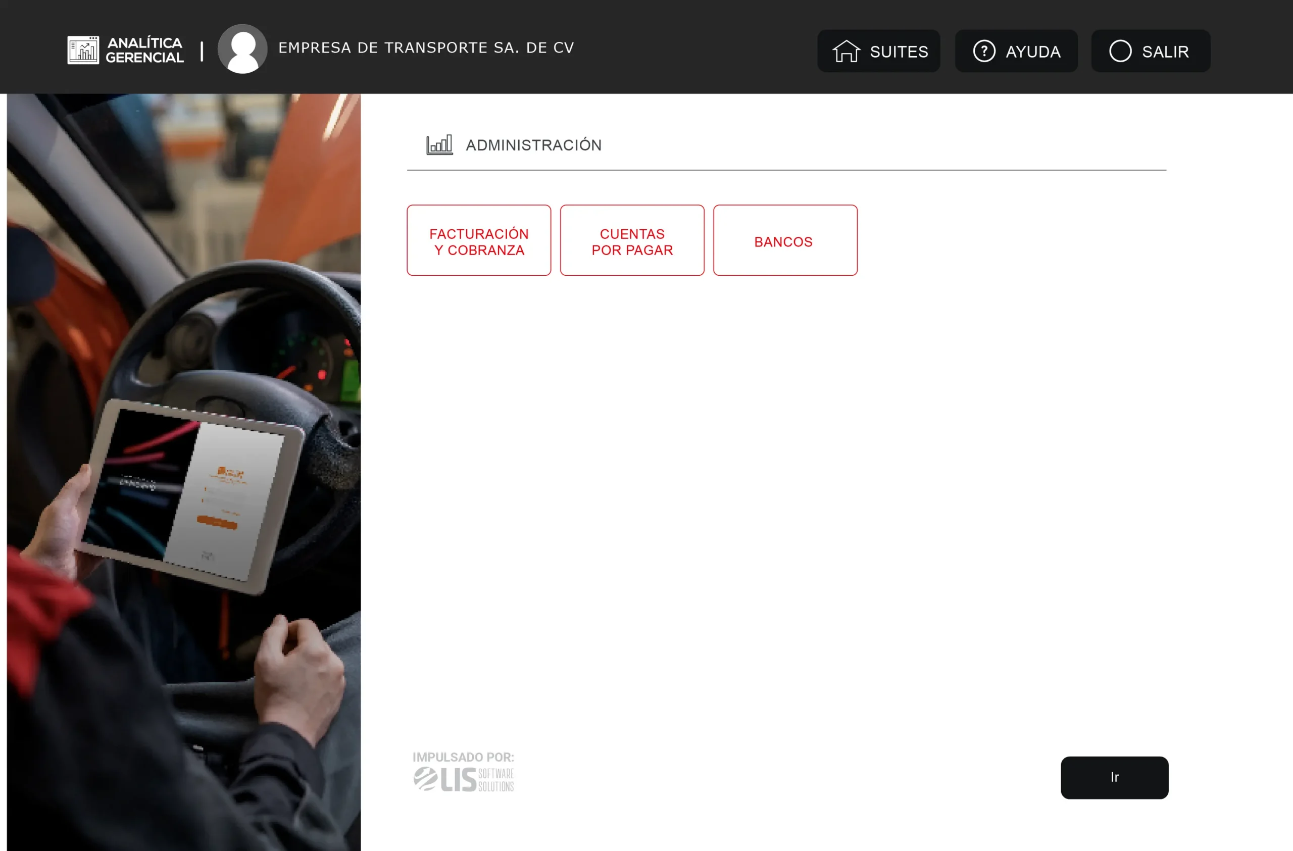 Pantalla módulo administración de Analítica LISTMS