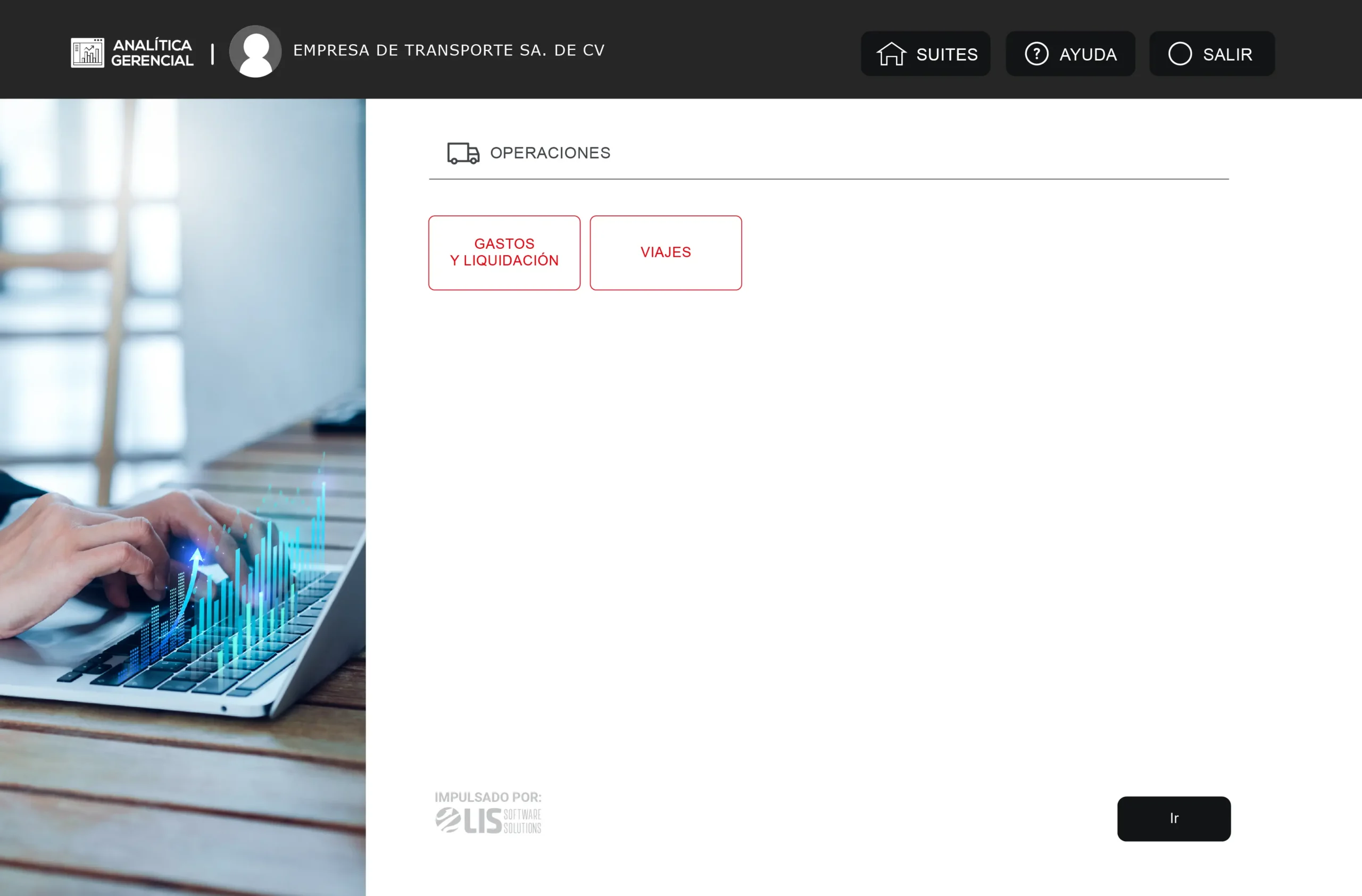 Pantalla módulo operaciones de LISTMS