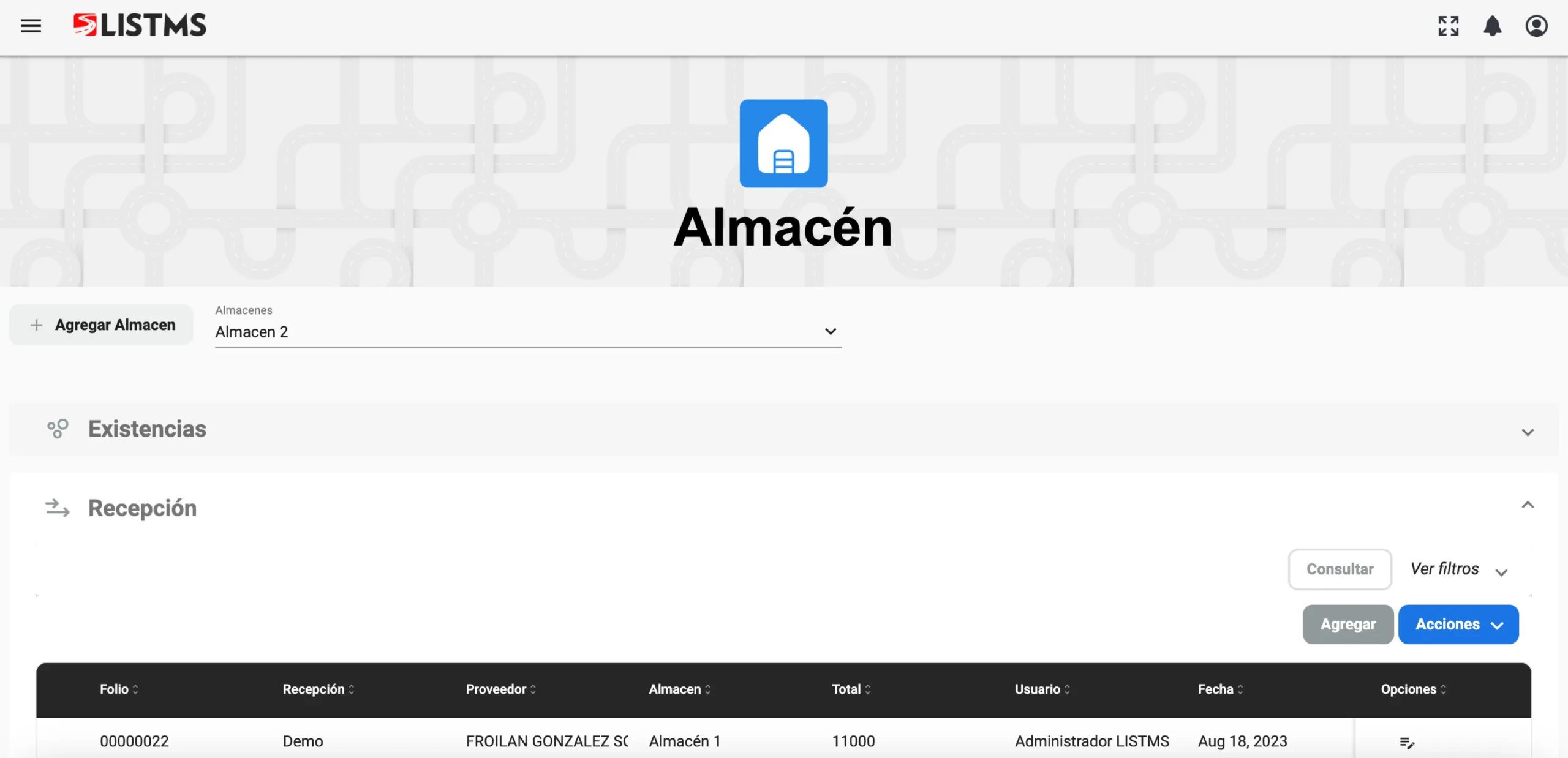 Pantalla de módulo almacen de LISTaller