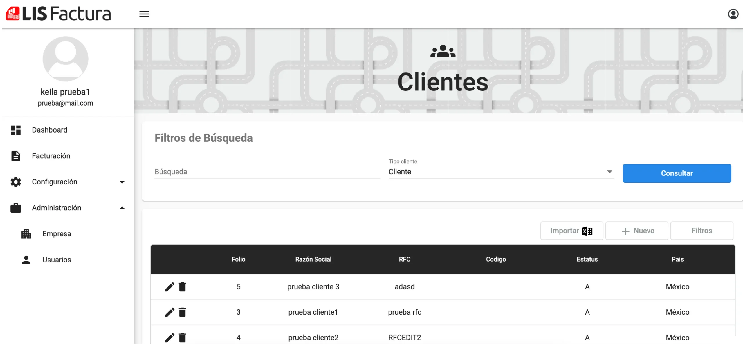 Pantalla de módulo clientes de LISFactura