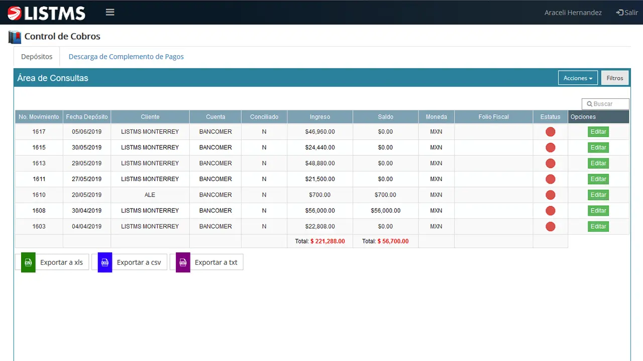 LISTMS Módulo Cobranza