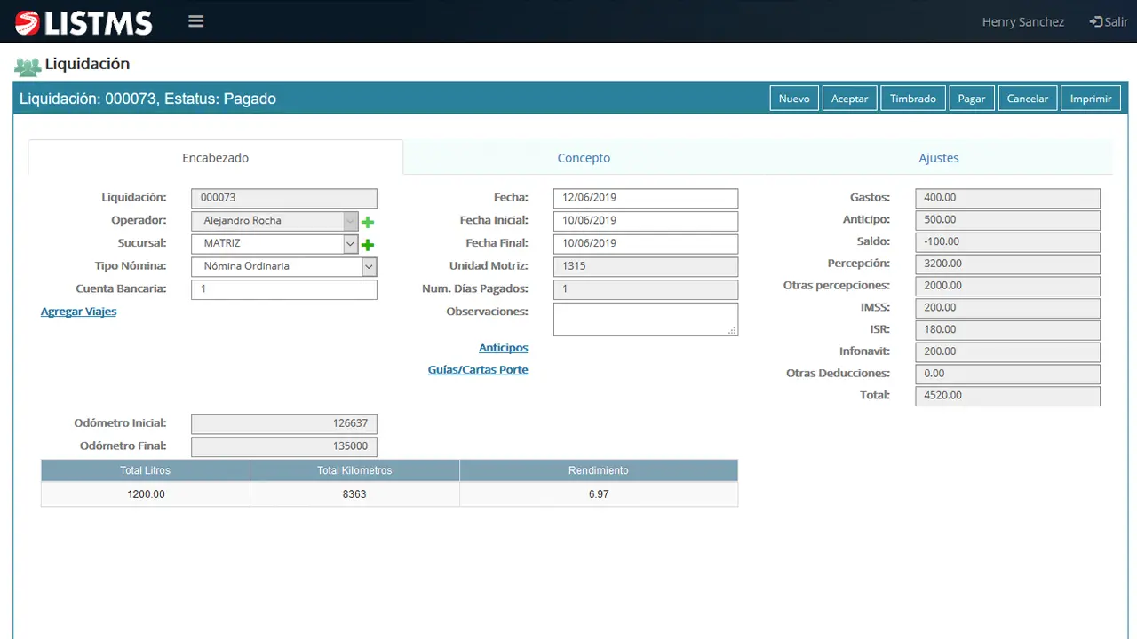 LISTMS Módulo Liquidaciones