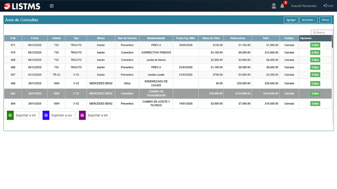 LISTMS Módulo Mantenimiento
